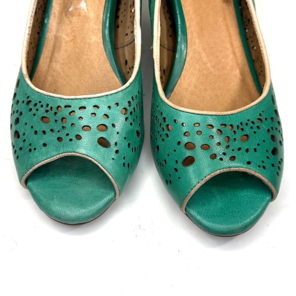 Miz Mooz Teal Laser-Cut Peep-Toe Heels - Picture 4 of 8